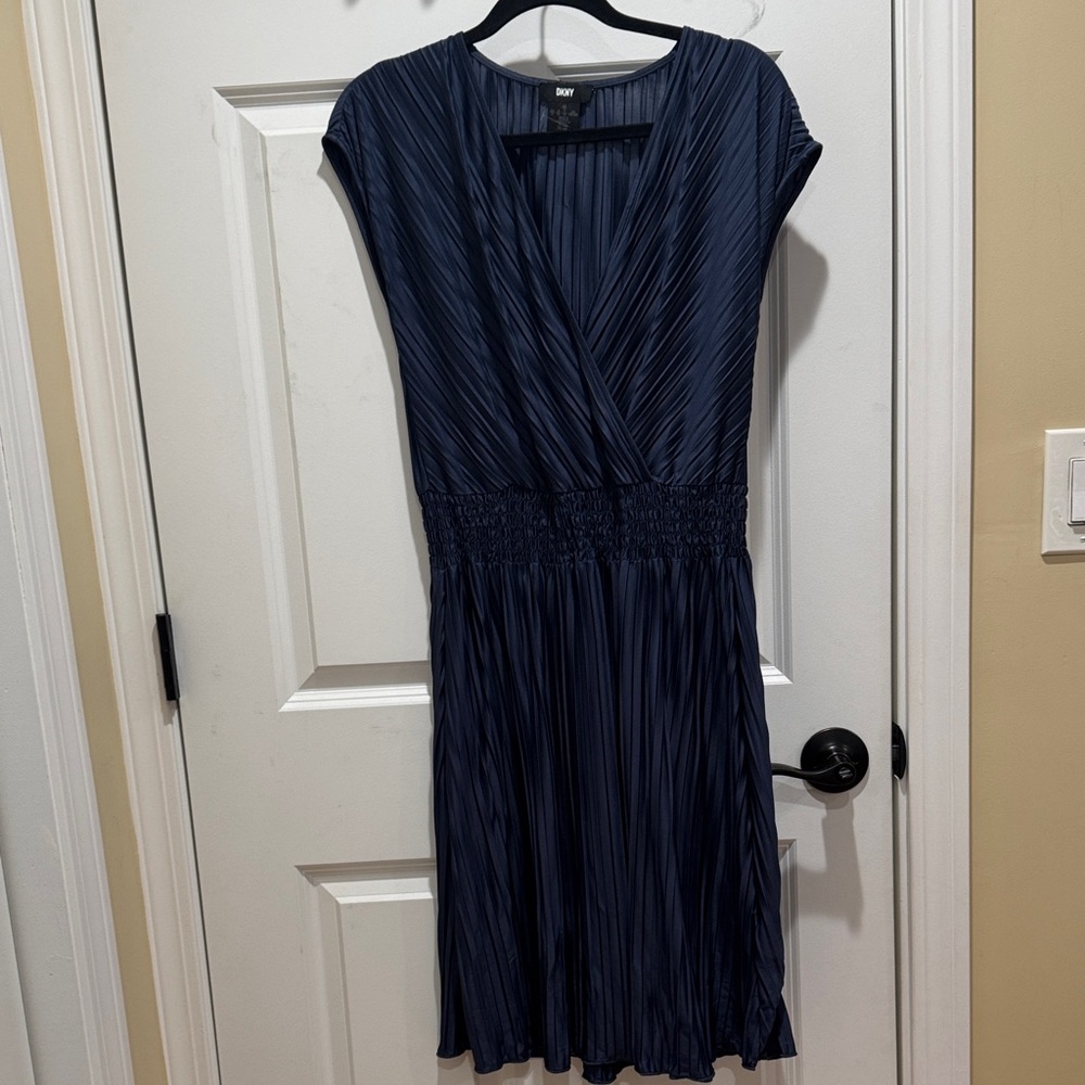 DKNY Navy Pleated Wrap Midi Dress